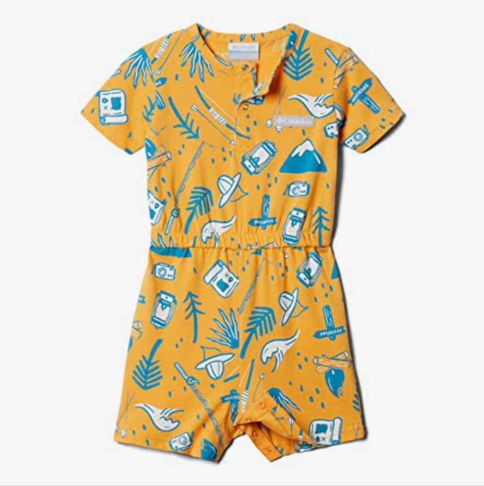 Columbia Girls 4t Little Sur Playsuit Mango Adventure Vibes EUC Camping Print